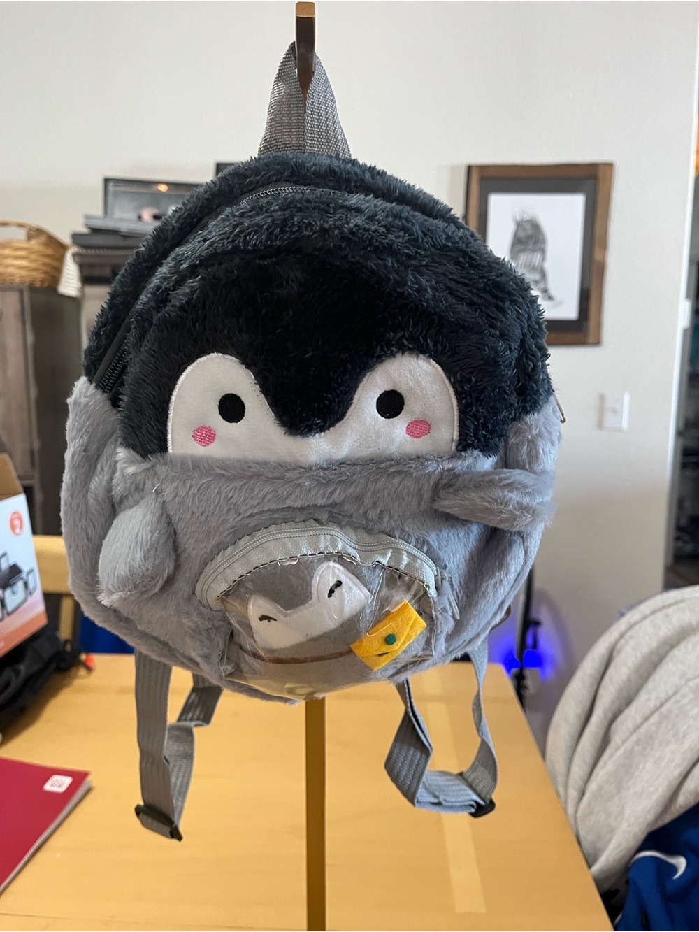 Kids Plush Penguin Backpack - Gray and Black